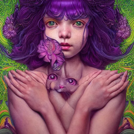 Image similar to purple cat girl, botanical, portrait face, colorful, kupka, intricate, miles johnston, kuroda seiki, cynical realism, ozabu, john william godward, painterly, yoshitaka amano, moebius, miles johnston, louise zhang, james jean, mark ryden lowbrow pop surrealism art style