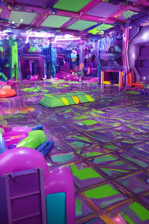 Prompt: Cybertron, the inside of a Discovery Zone soft play area for goth Decepticons, pastel purple ballpit, Deception and goth colors, cinematography by Wes Anderson, 4k octane render, photorealistic , cinematic lighting, Artstation