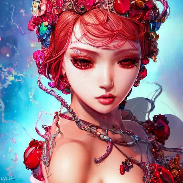 Image similar to an absurdly beautiful, elegant, young hypercolorful sensual gravure idol partially made up of rubies and red gems, ultrafine hyperrealistic detailed face illustration by kim jung gi, irakli nadar, intricate linework, sharp focus, bright colors, matte, octopath traveler, final fantasy, unreal engine highly rendered, global illumination, radiant light, intricate environment