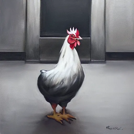 Prompt: a beautiful painting of a chicken sitting in a subway seat, rutkowski, realism, cinematic lighting