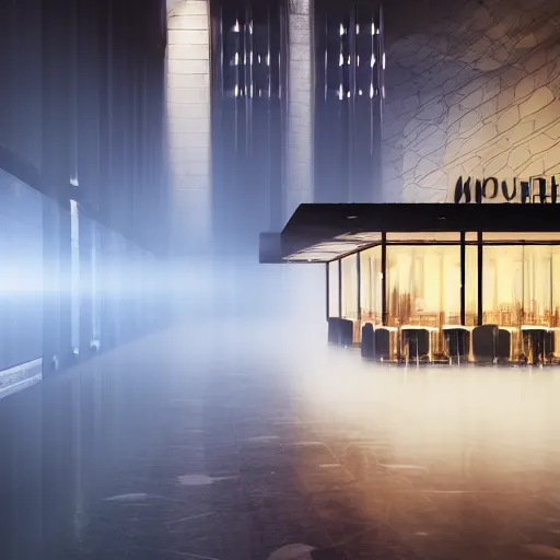 Prompt: modern high end designer restaurant at night in the foggy rain, lovers dining, symmetrical art deco office building with accent lighting, moody, epic composition, professional photograph, highly detailed, warm lighting interior, matte painting, large windows, dramatic lighting, unreal engine