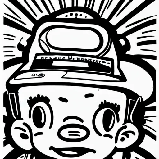 Prompt: cartoon line drawing illustration, in fine detail, of a kid, wearing a backwards baseball cap, playing a Korg MS-20 synthesizer, in the style of The Beano, pen and ink, black and white, long shot, white background, graffiti marker, graffiti character, 90s cartoon