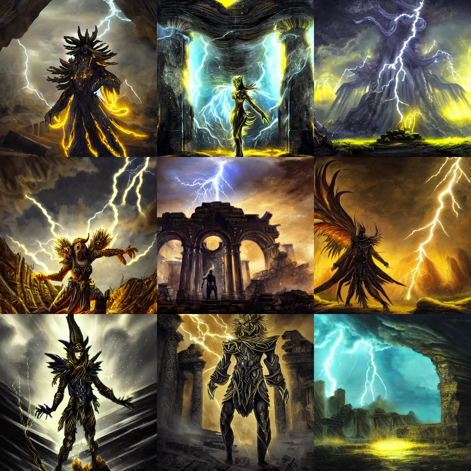 Prompt: fantasy art of a lightning elemental standing in an ancient ruined temple, epic, detailed, dramatic lightning, black and yellow colors