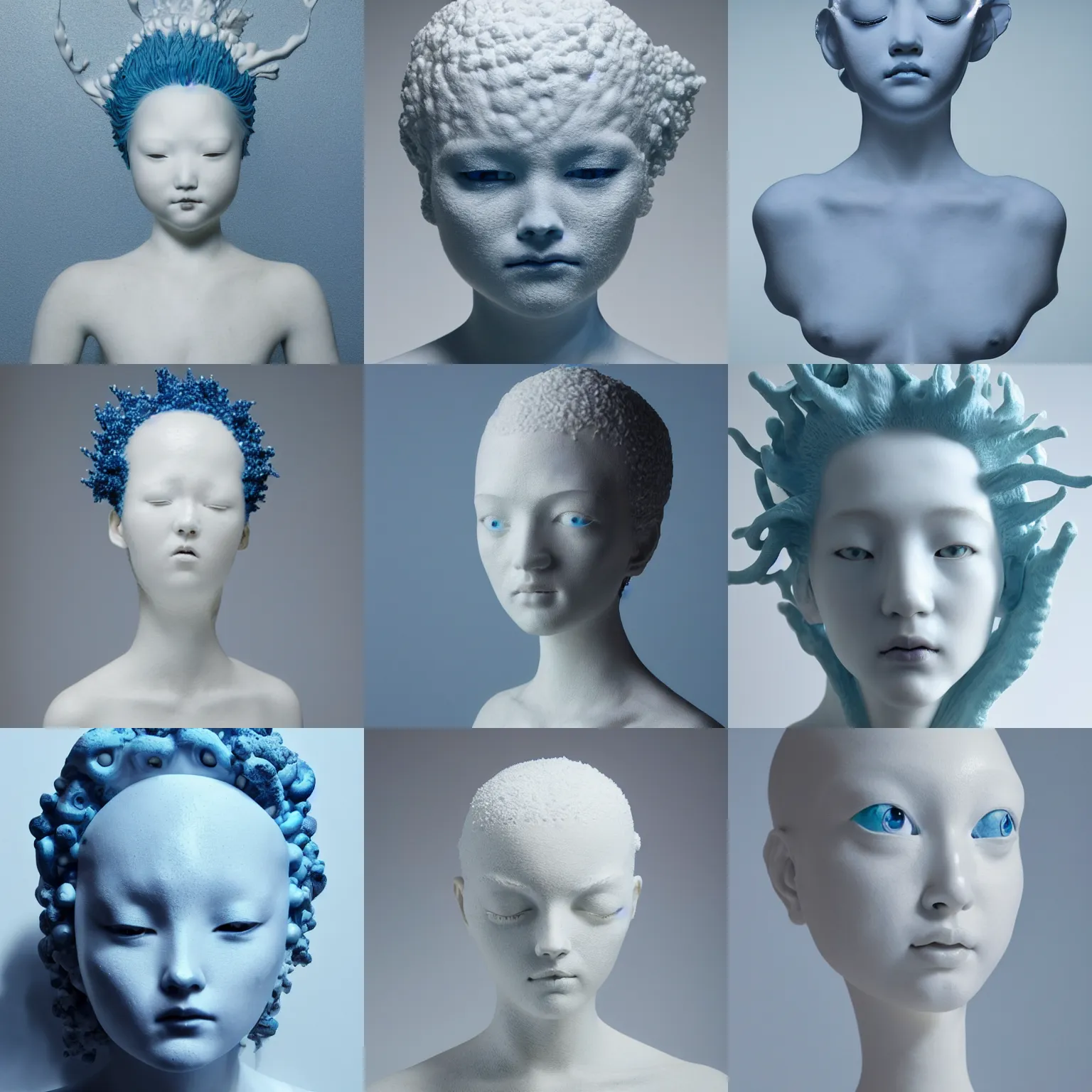 Prompt: full head and shoulders, beautiful female white, porcelain sculpture, with lots of blue sea foam attached to head by yoshitaka amano and daniel arsham, on a white background, delicate facial features, white eyes, white lashes