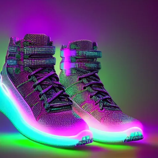 Image similar to extremely detailed realistic advertsing photograph of a ciberpunk mayan sneakers with neon lights by nike, bokeh, product shot view in studio, ArtStation, CGSociety