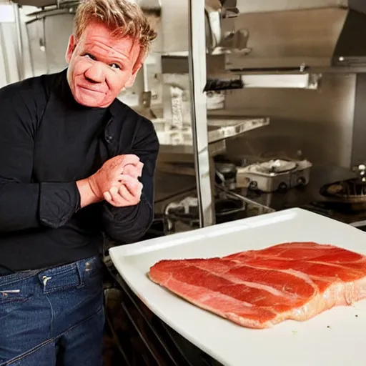 Image similar to gordon ramsay turned into a cooked leg of ham on a plate