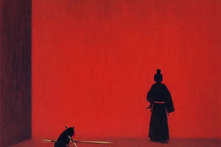 Image similar to only with red, a red samurai harakiri, tokio, a lot of frogs watch, in the style of beksinski, parts by edward hopper, parts by rodcenko, parts by yue minjun, intricate and epic composition, red by caravaggio, insanely quality, highly detailed, masterpiece, red light, artstation, 4 k