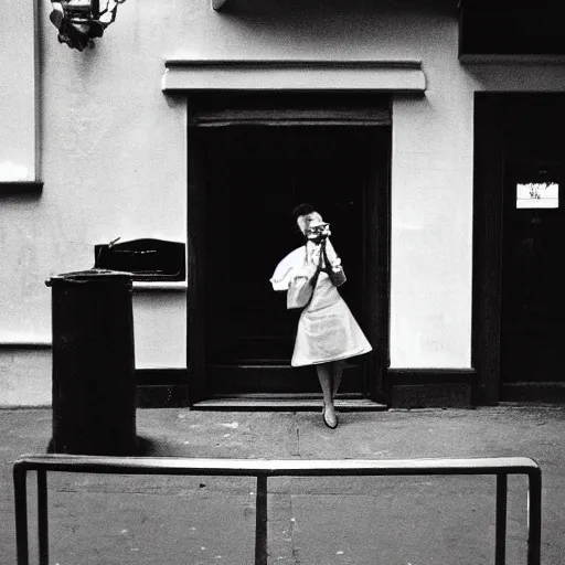 Image similar to A Filipino woman smoking outside a fancy restaurant, street photography, by Saul Leiter, Jamel Shabazz, Nan Goldin