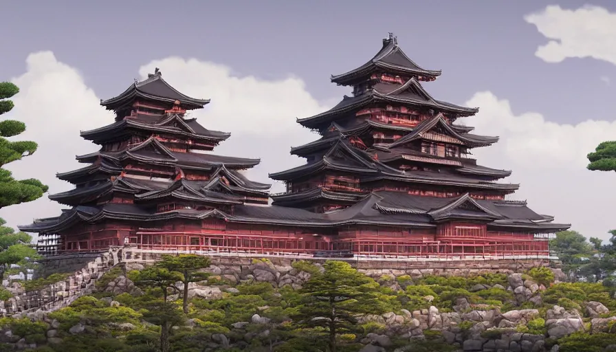 Image similar to A highly detailed matte painting of the huge japanese castle, wooden and dark, with matsu pine trees, with sakura cherry trees, by Studio Ghibli, Makoto Shinkai, by Artgerm, by beeple, by Greg Rutkowski, volumetric lighting, octane render, 4K resolution, trending on artstation, masterpiece