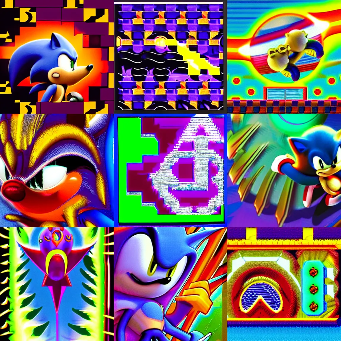 Prompt: sonic the hedgehog in a retro, surreal, faded, sharp, detailed professional, high quality sonic portrait airbrush art mgmt album cover portrait of a liquid dissolving lsd dmt sonic the hedgehog surfing through cyberspace, purple checkerboard background, 1 9 8 0 s 1 9 8 6 sega genesis video game album cover