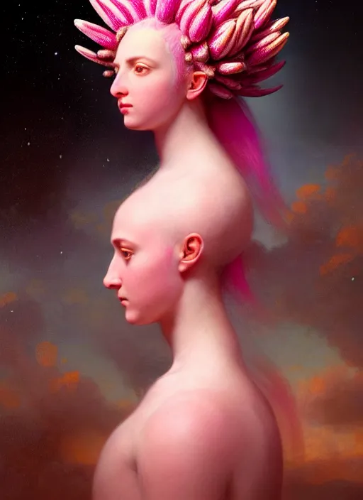 Image similar to stunning alien godess princess, detailed pink and white protea head peace against a black backdrop by ivan aivazovsky, 3 / 4 view portrait, wlop, super sharp details, photorealism, canon 5 d, 5 0 mm lens, stunning photoshot, beautiful soft lighting, muted colours, artstation