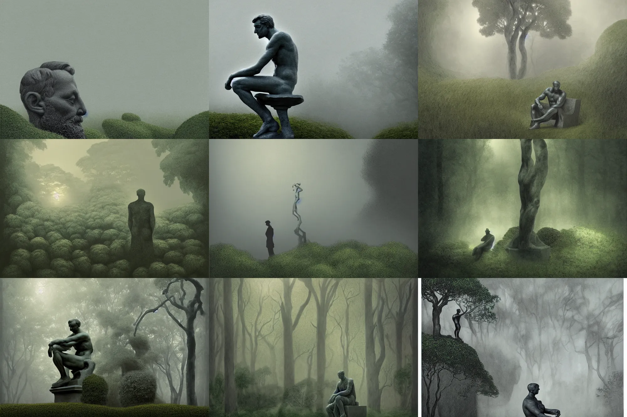 Prompt: editorial illustration by karolis strautniekas and mads berg, illustrated rodin's thinker surrounded by lush small bushes, fog, fine texture, detailed, muted colors, dramatic lighting, dynamic composition, vivid, matte print, wide angle, ( ( sunbeams ) ), moody