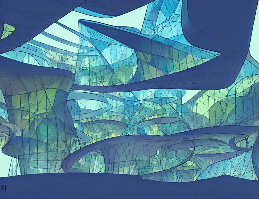 Prompt: beautiful futuristic architecture with organic shapes, plants growing on it. gouache, limited palette with complementary colors, by award - winning mangaka, backlighting, depth of field.