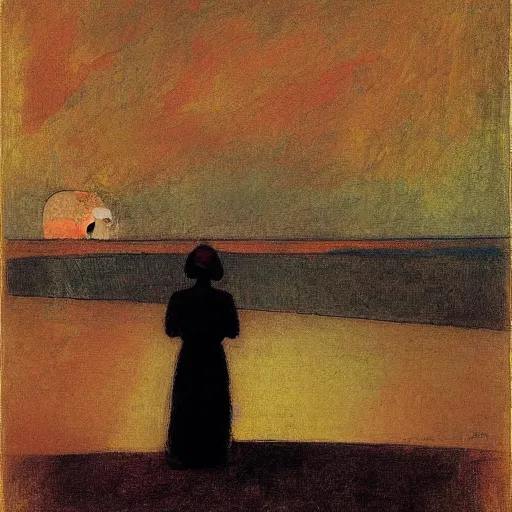 Image similar to a woman and her black and brown chihuahua looking out at the ocean by odilon redon