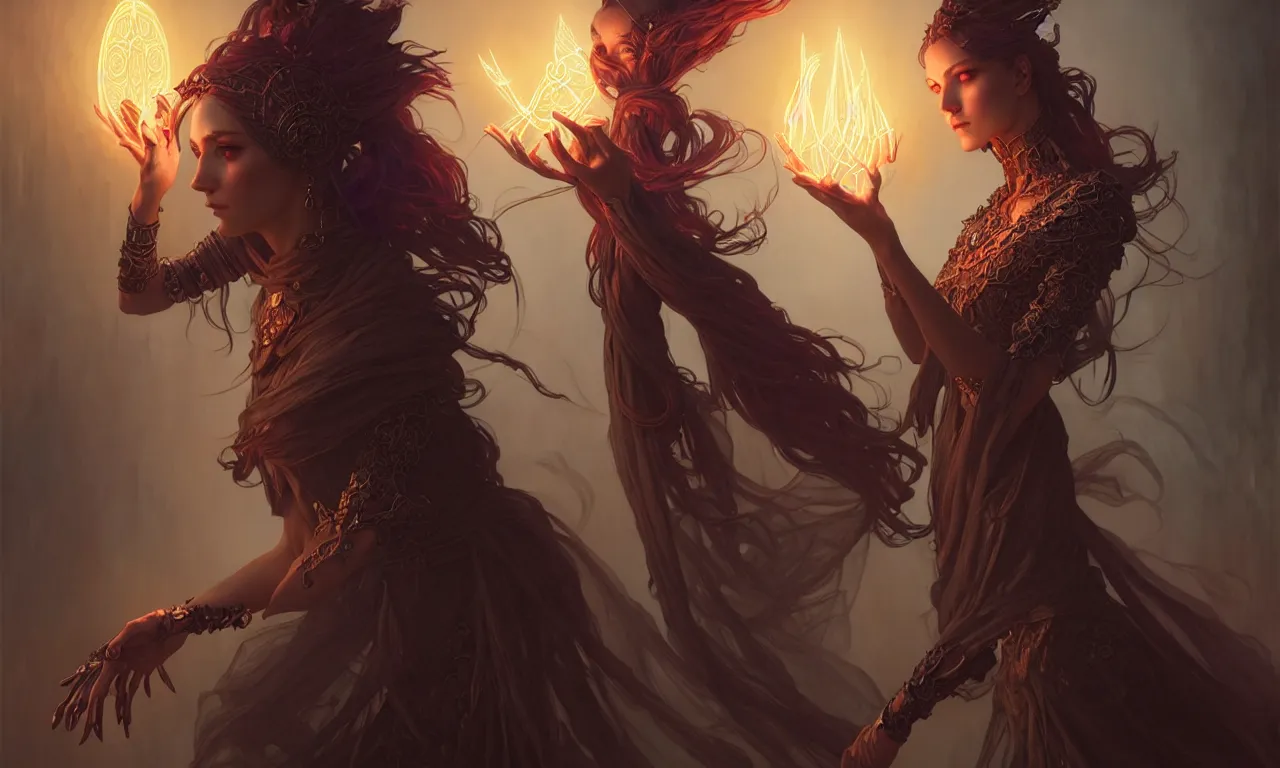 Image similar to Necromancer Sorceress in center, fantasy magic, undercut hairstyle, dark light night, intricate, elegant, sharp focus, illustration, highly detailed, digital painting, concept art, matte, art by WLOP and Artgerm and Greg Rutkowski and Alphonse Mucha, masterpiece