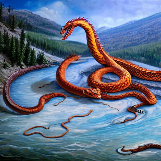 Image similar to snake - like dragon sitting in a hotspring at yellowstone national park, highly detailed oil painting, featured on artstation