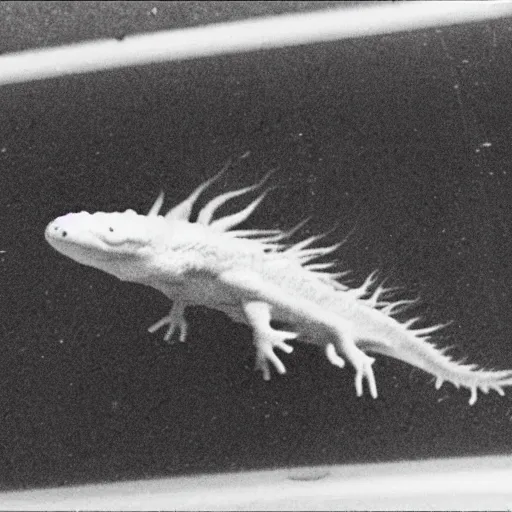 Image similar to giant mutant axolotl escaping from a secret government lab, black and white, leaked cctv footage