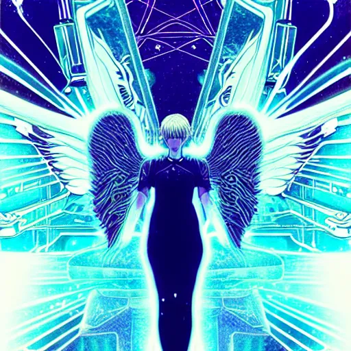 Image similar to white arc - angel with mystic robotic wings, blade runner, akira, ghost in the shell, style of laurie greasley and satoshi kon + symmetric lights and smoke, psychedelic effects, glowing particles, neon rain, glowing runes, de - noise, symmetrical composition, high detailed + tarot card, ornate border, 8 k