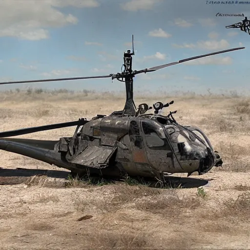 Prompt: A photo of a helicopter destroyed by machine gun fire, highly detailed, 4k