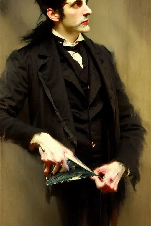 Image similar to impressionist brushstrokes!!!! beeple and richard schmid and jeremy lipking victorian loose genre loose painting full length portrait painting of a victorian male vampire