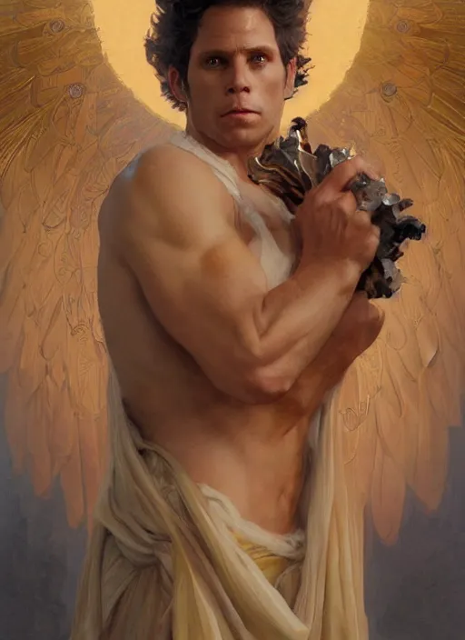 Prompt: Dennis Reynolds as the Golden God, divine, angelic, intricate, highly detailed, digital painting, artstation, concept art, sharp focus, illustration, art by greg rutkowski and alphonse mucha