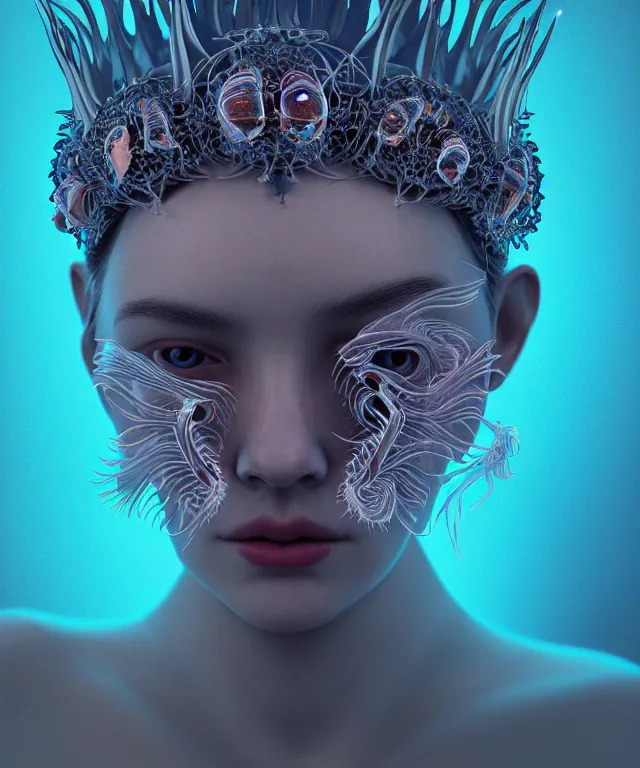 Image similar to symmetrical, centered, goddess close-up portrait wigh crown made of skulls. betta fish, phoenix, bioluminiscent creature, intricate artwork by Tooth Wu and wlop and beeple. octane render, trending on artstation, greg rutkowski very coherent symmetrical artwork. cinematic, hyper realism, high detail, octane render, 8k