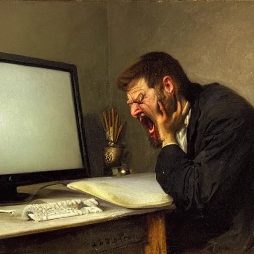 Image similar to an angry man yells at his computer monitor, oil on canvas, 1 8 8 3, highly detailed, high resolution