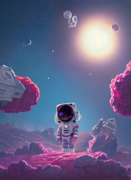 Image similar to An epic fantastic realism comic book style astroneer painting of the most beautiful flowers launched into space, bouquets, solar eclipse, fisheye, unreal 5, DAZ, hyperrealistic, octane render, dynamic lighting