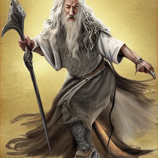 Image similar to gandalf riding a dragon, highly detailed, digital art