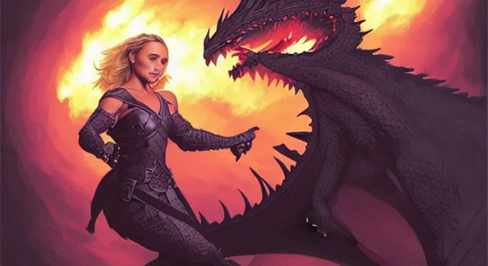 Image similar to Hayden Panettiere from Heroes (2006) fighting a black dragon in a dark cave lit by fire explosions, wide-angle lens, D&D, fantasy, intricate, elegant, highly detailed, digital painting, artstation, concept art, matte, sharp focus, illustration, hearthstone, art by Artgerm and Greg Rutkowski and Alphonse Mucha