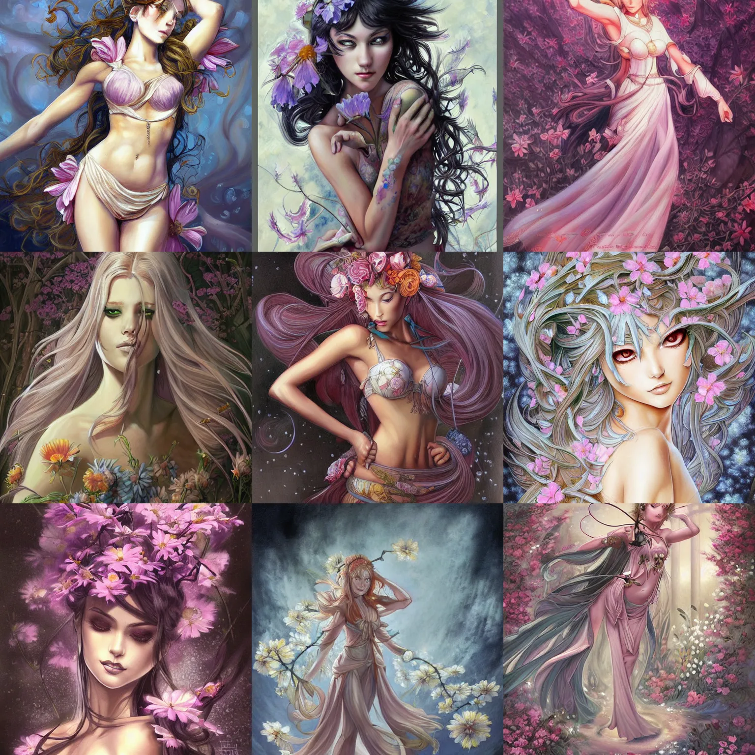 Prompt: a painting of a beautiful 🌸 🌼 💮, an ultrafine detailed painting, by mark brooks, centered full body, featured on deviantart, fantasy art, detailed painting, deviantart, anime