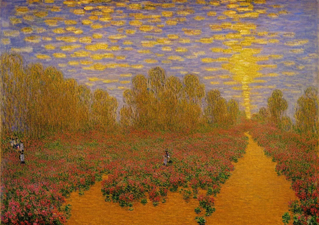 Image similar to a golden road leading to a diamond castle painting by claude monet but as photography, highly detailed, golden hour