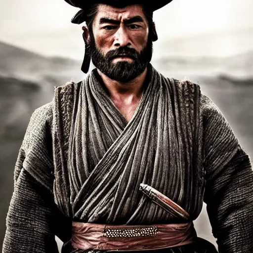 Image similar to handsome and strong! kurdish! samurai in a movie directed by christopher nolan, movie still frame, promotional image, imax 7 0 mm footage, perfect symmetrical facial features