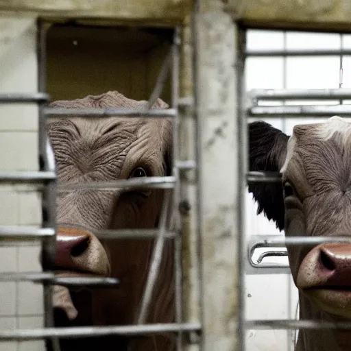 Prompt: inmates wearing cow heads inside a jailcell