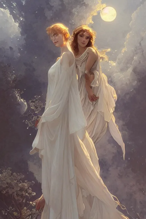 Image similar to Angels in white gauze dresses, the glow of the moonlight, fantasy, intricate, elegant, highly detailed, digital painting, artstation, concept art, matte, sharp focus, illustration, art by Artgerm and Greg Rutkowski and Alphonse Mucha