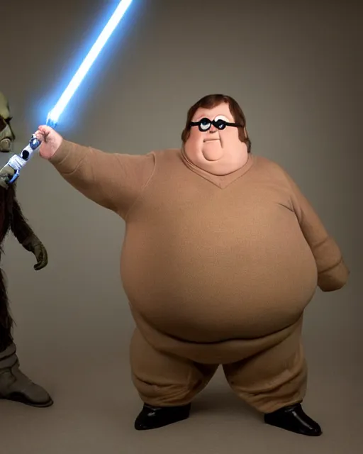 Prompt: Studio Photograph of a real life Peter Griffin from Family Guy dressed as Han Solo and Holding a glowing light saber, while standing next to him is the Alien Greedo holding a blaster gun, both photographed in the Style of Annie Leibovitz,