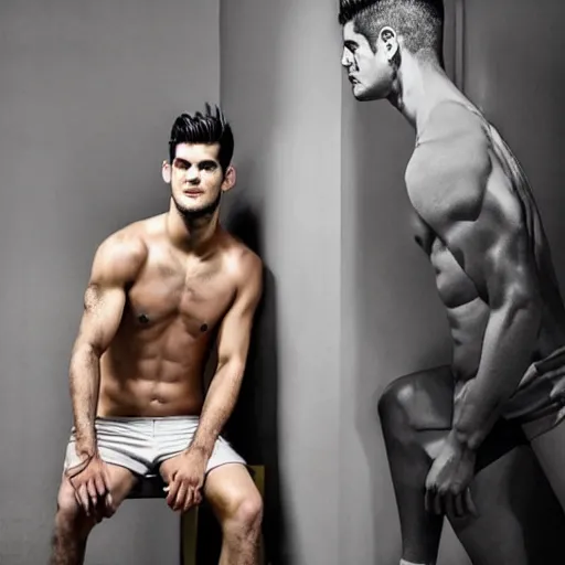 Prompt: a realistic detailed photo of a guy who is an attractive humanoid who is half robot and half humanoid, who is a male android, soccer player alvaro morata, shiny skin, posing like a statue, blank stare, in a living room, on display, showing off his muscles, with a twin