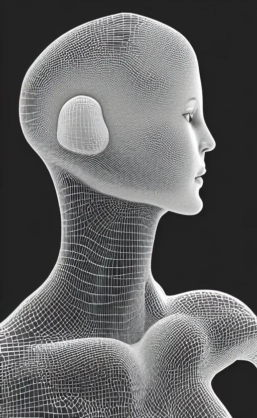 Image similar to black and white complex 3d render of a beautiful profile woman face, vegetal dragon cyborg, 150 mm, beautiful natural soft light, moon rays, silver details, magnolia stems, roots, fine lace, maze like, mandelbot fractal, silver metallic armour, anatomical, facial muscles, cable wires, microchip, elegant, highly detailed, rim light, octane render, H.R. Giger style