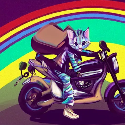 Image similar to wide angle full body, jacket wearing fluffy cute rainbow kitten wearing a black leather motorcycle jacket, riding on a motorcycle, cinematic concept art