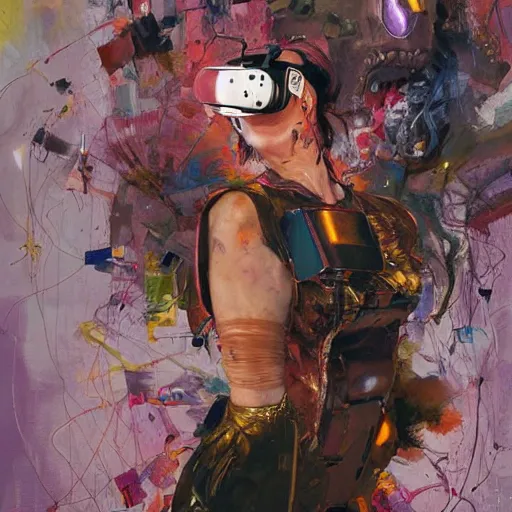 Image similar to grinning woman in a vr headset wearing leather outfit, dynamic energic pose, cyberpunk in the style of adrian ghenie, esao andrews, jenny saville, surrealism, dark art by james jean, takato yamamoto