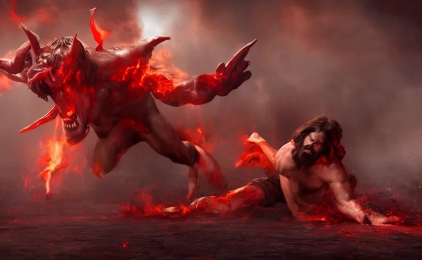 Prompt: hyperrealistic photo of Jesus Christ fighting red-skinned Satan devil demon Lucifer hellspawn in the face on the floor, 8k cinematic, epic fight scene, stunning composition, DSLR focus on the subjects