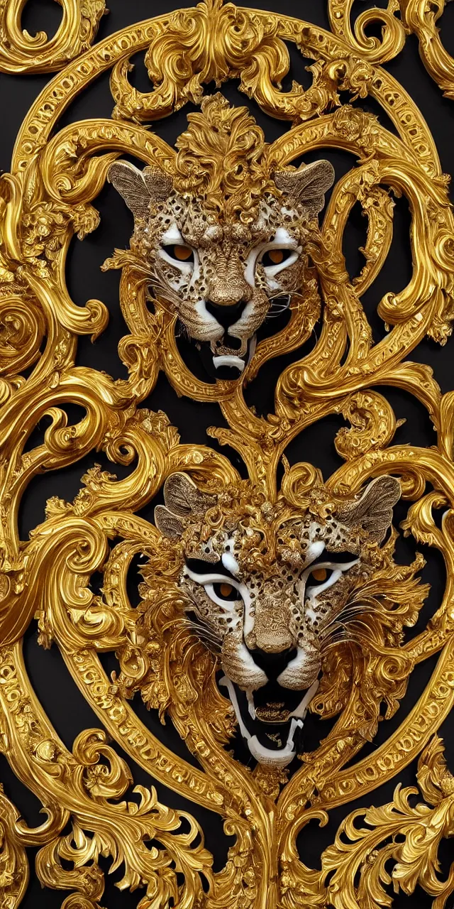 Prompt: beautiful portrait of a large ornate and intricate rococo cheetah face, symmetric, carved white marble with gold accents, 3 d, photorealistic, front facing, centered, hyper detailed, gold plated on black background, wallpaper, detailed and intricate emblem, baroque medallion,