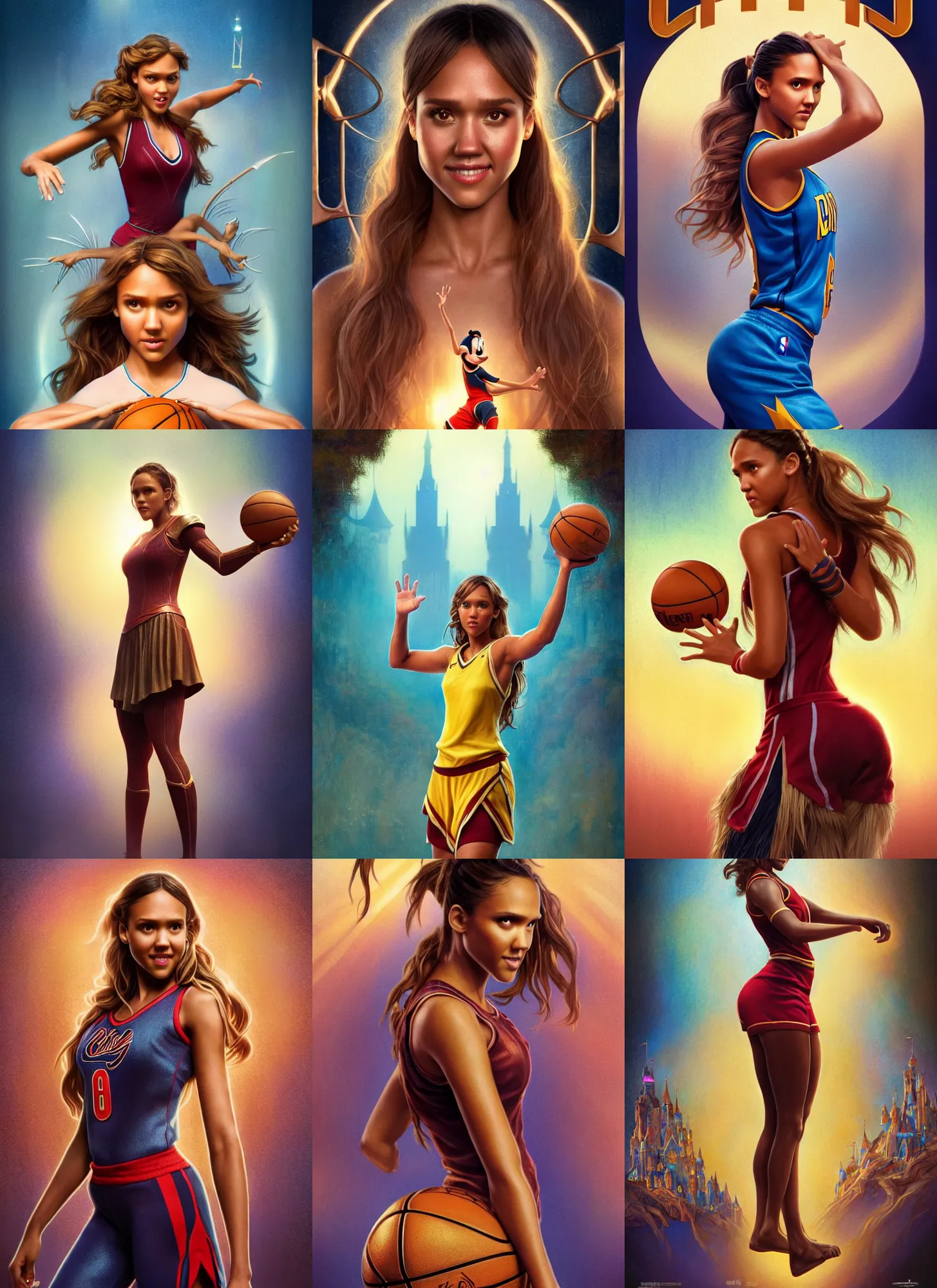 Prompt: disney weta movie poster photo : : of jessica alba as nba hero ( basketball girl ) : : octane render, artstation, soft, decadent, polished, by mucha, artgerm, wlop, loish, beeple, spandex shorts, illustration, fantasy, soft, smooth, sharp focus, digital painting, hi - fructose, rutkowski