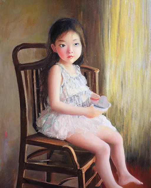 Image similar to the girl is sitting on a very high chair near the ceiling, wonderful eyes, her loose hair, delicate, intricate details, a real masterpiece, oil on canvas, author li zhang