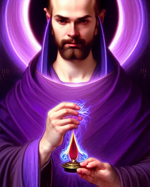 Image similar to portrait of saint germain, he is holding the violet purple indigo flame, completely violet colored, intricate, elegant, highly detailed, digital painting, artstation, concept art, smooth, sharp focus, illustration, art by artgerm and greg rutkowski and fra angelico and alphons mucha