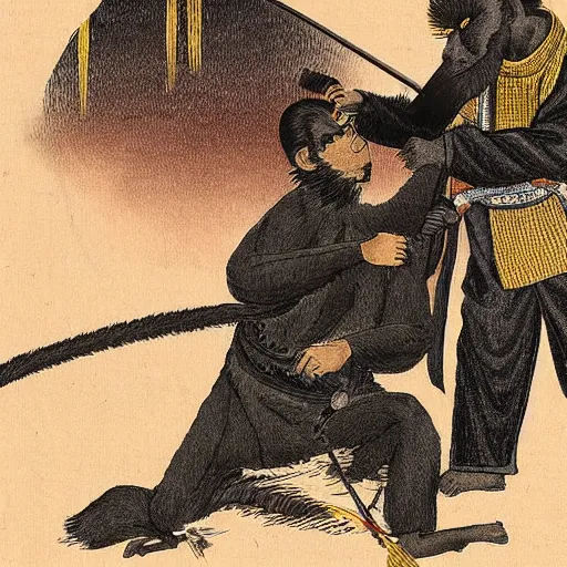 Image similar to a monkey cutting a samurai's hair.