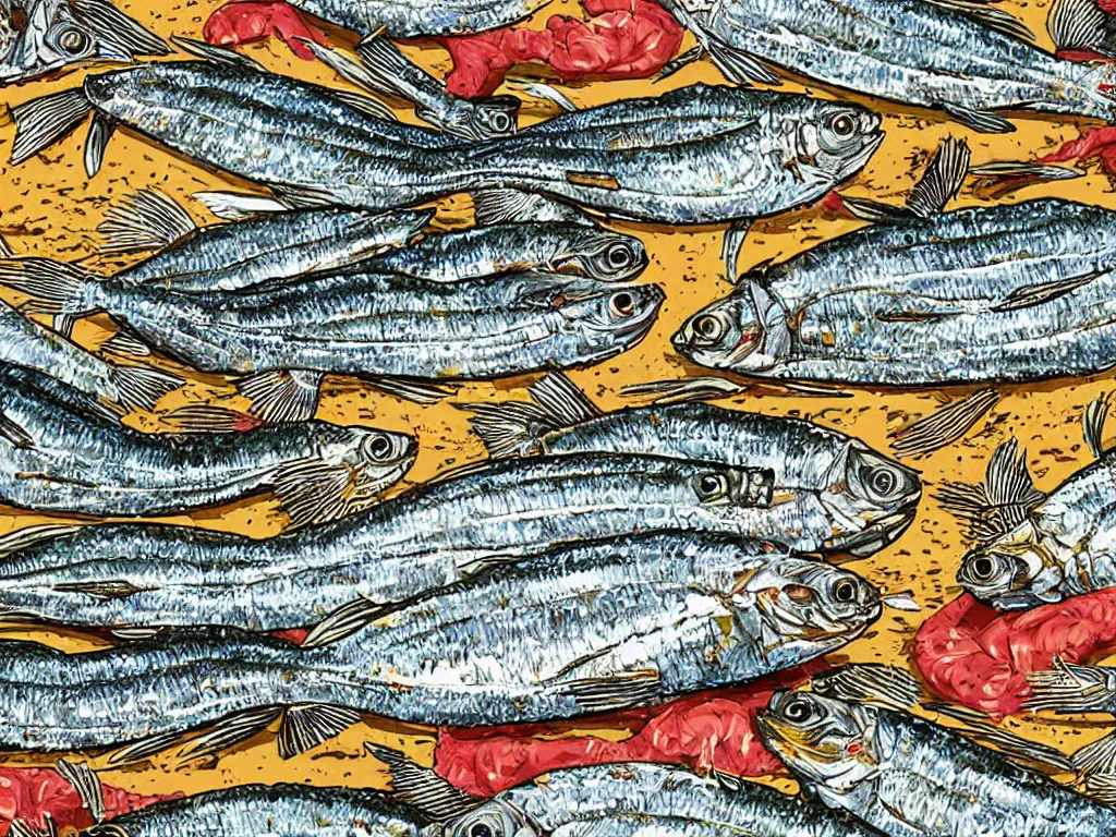 Prompt: in the style of ghostshrimp and deathburger a highly detailed illustration of a Lisbon tin of sardines - n 9