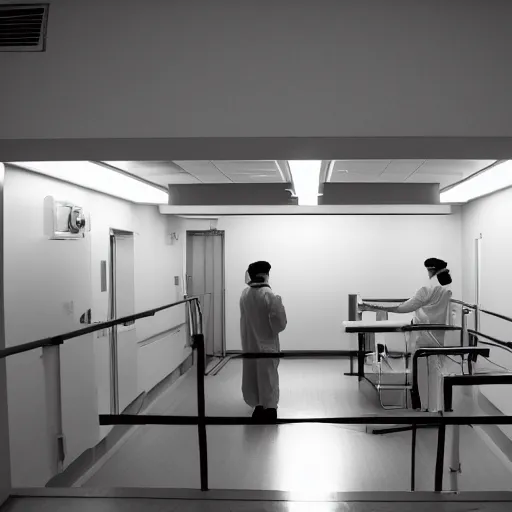 Image similar to a sad surgeon standing in an empty operating theater, award winning photography, law of thirds, black and white