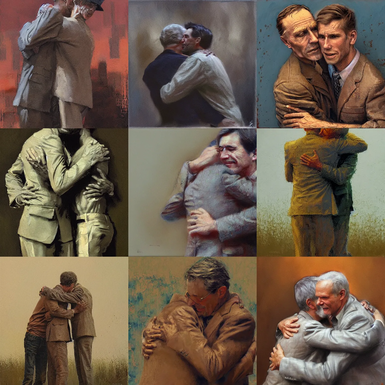 Prompt: two men hugging, detailed, intricate, oil painting by craig mullins, by mattias adolfsson, by karel thole,