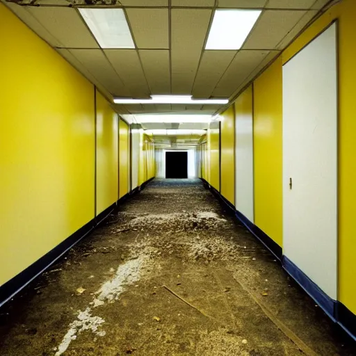 Image similar to abandoned rural offices, uneven hallways, uneven flooring, fluorescent lighting, pale yellow walls with slightly darker yellow stripes